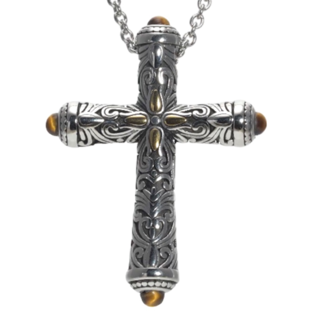 Cross PENDANT w/Tiger's Eye gemstones; Stainless Steel/Plated Yellow Gold